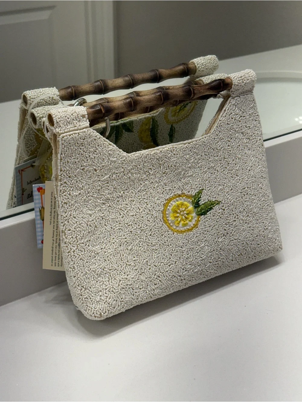 Beaded Lemon Motif Wristlet Clutch in Yellow & Blue NWT